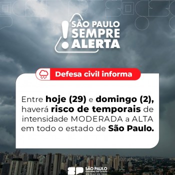 Alerta da Defesa Civil: há riscos de temporais de intensidade moderada a forte em todo o estado de São Paulo